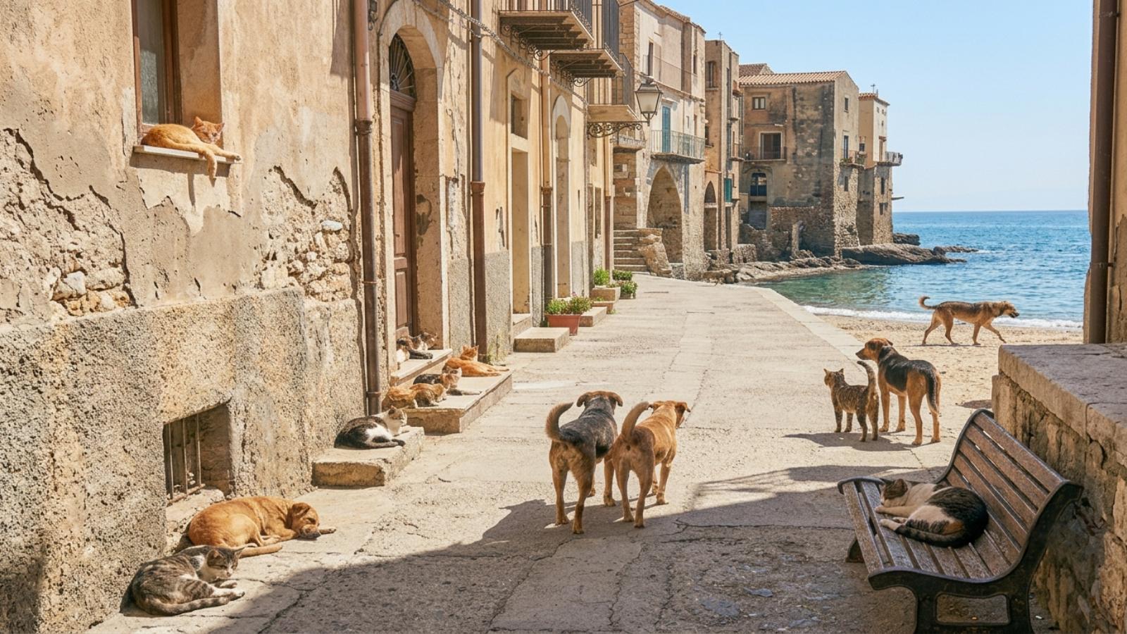 Una via che scende al mare, con cani e gatti al sole