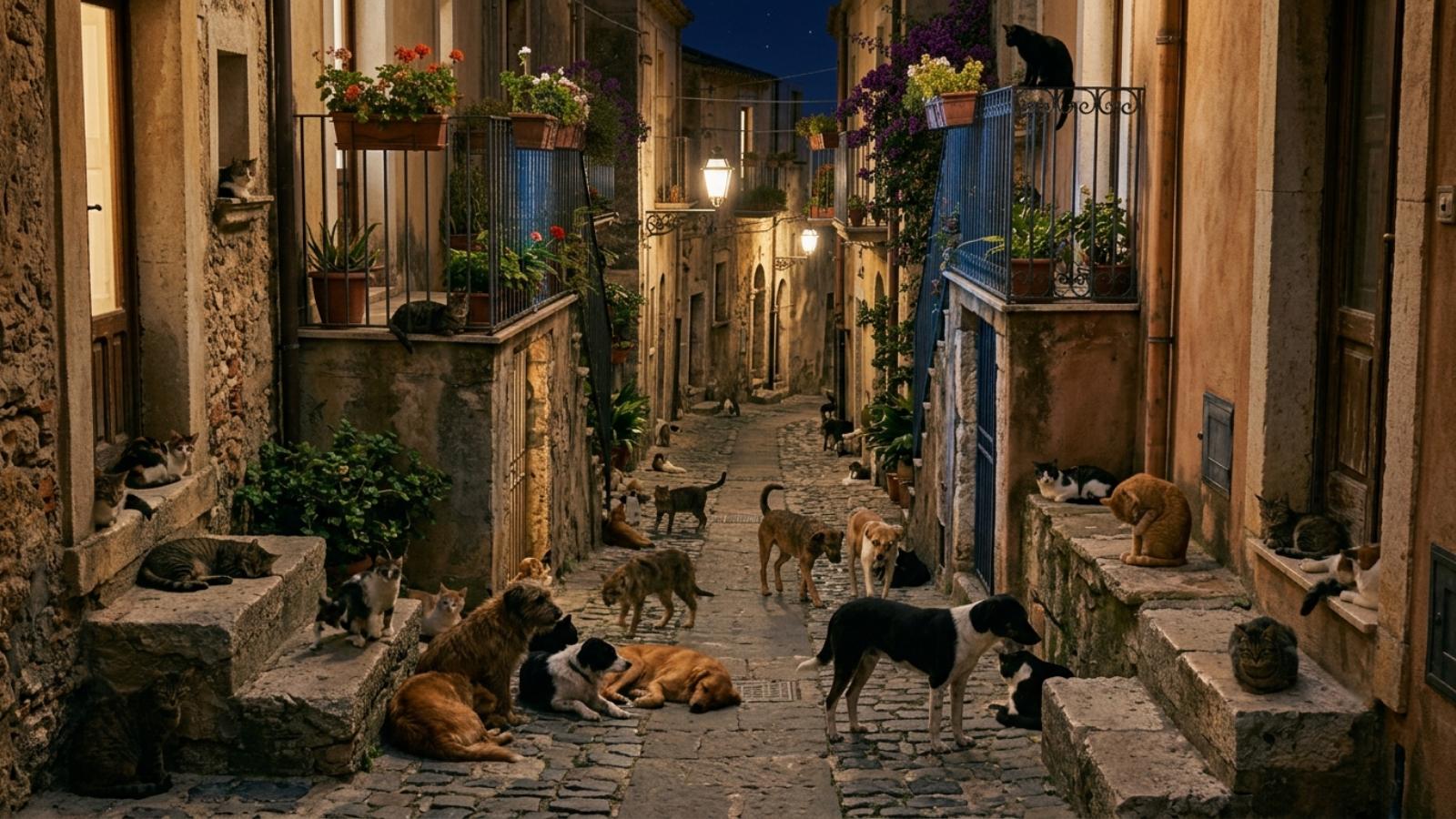 Un vicolo di notte con molti cani e gatti fra i gradini