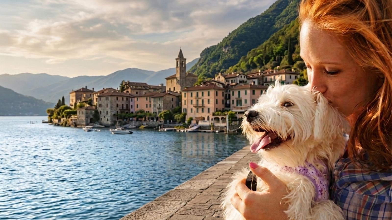 Una donna abbraccia il cane che ha adottato, sul lungolago