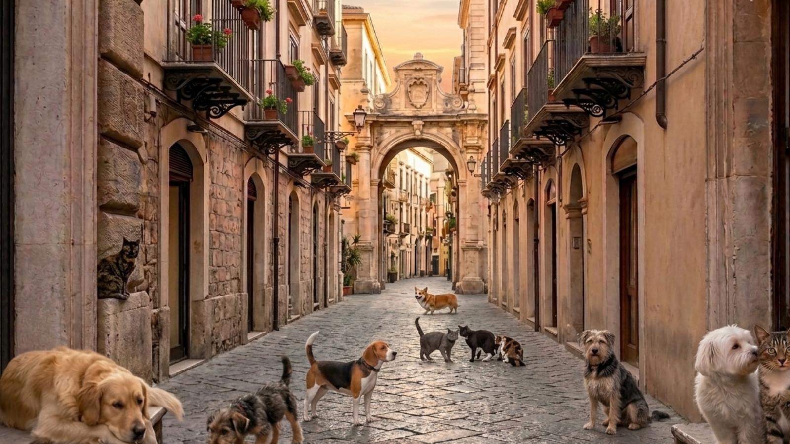 Un vicolo siciliano al tramonto, con cani e gatti liberi fra i portoni